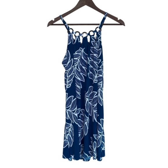SJS Dark Teal and White Leaf Patterned Swing Dress with Spaghetti Straps - Med - Picture 1 of 6